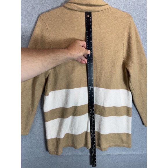 LOFT Cardigan Sweater‎ Womens Medium Tan White Stripe Open Front Pockets Casual - Picture 8 of 10